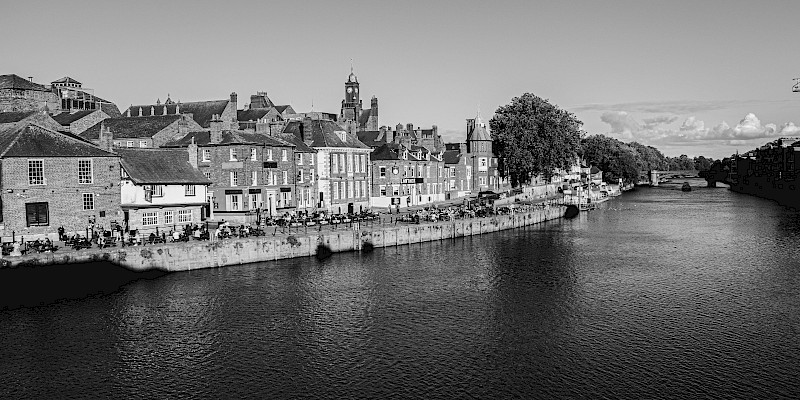 A black and white view of York riverbank